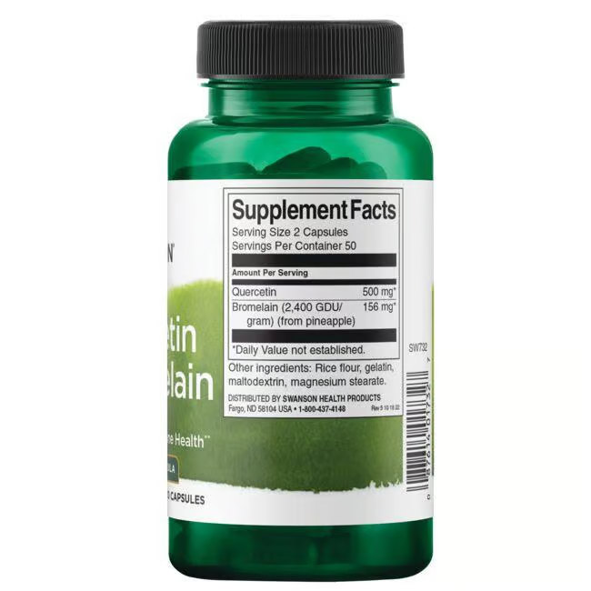 A green bottle of Swanson's Quercetin & Bromelain - Advanced Formula 100 Capsules, crafted to support the immune system, features a label with supplement facts, ingredients, and contact info.