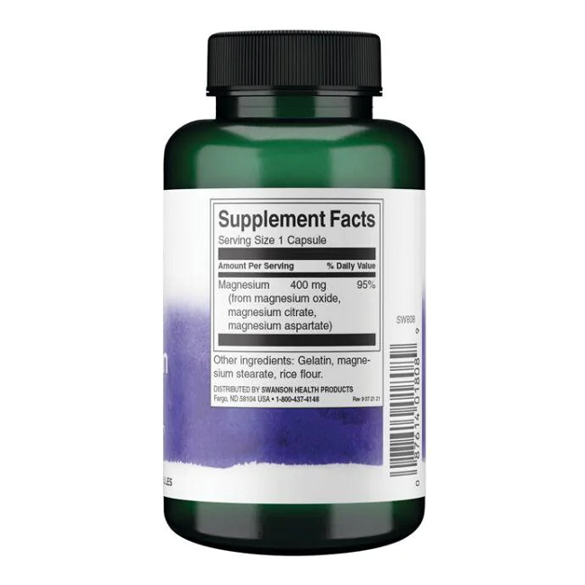 Swanson's Triple Magnesium Complex 400 mg (100 capsules) features a green bottle with a label highlighting 400 mg of magnesium per serving, essential for enzyme reactions and bone support.