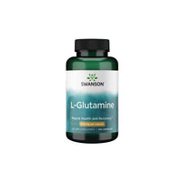 Thumbnail for A bottle of Swanson L-Glutamine 500 mg dietary supplements, labeled for muscle health and immune system support, containing 100 capsules.