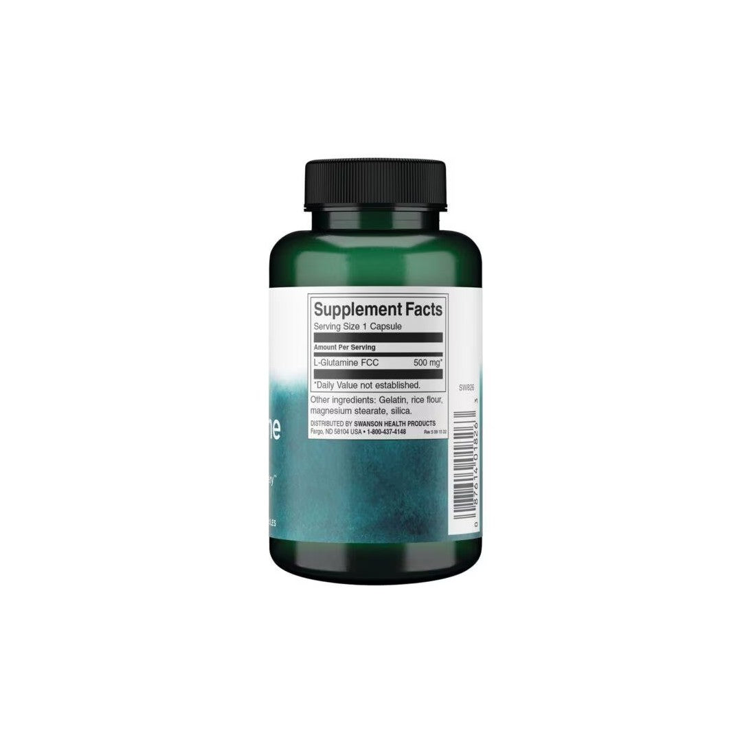 A bottle of Swanson L-Glutamine 500 mg 100 Capsules dietary supplements, displaying nutritional information on the label.