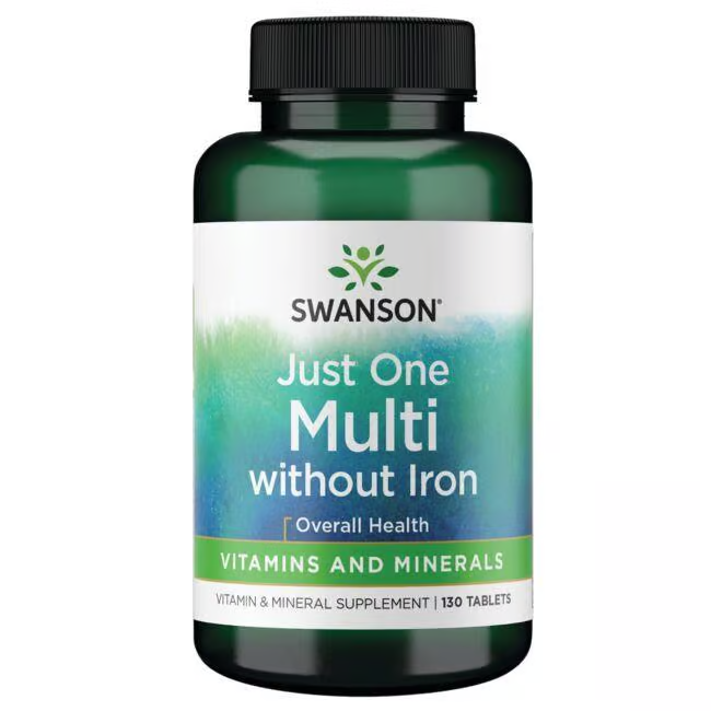 A green bottle labeled "Just One Multi without Iron" from Swanson contains 130 tablets filled with essential vitamins and minerals for overall health.