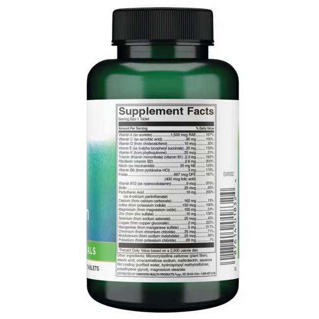 Introducing Swanson's Just One Multi without Iron: a green bottle of dietary supplements with essential vitamins, antioxidants, and vital minerals for your daily health boost. The label on a white background details this rich nutrient blend in 130 tablets.