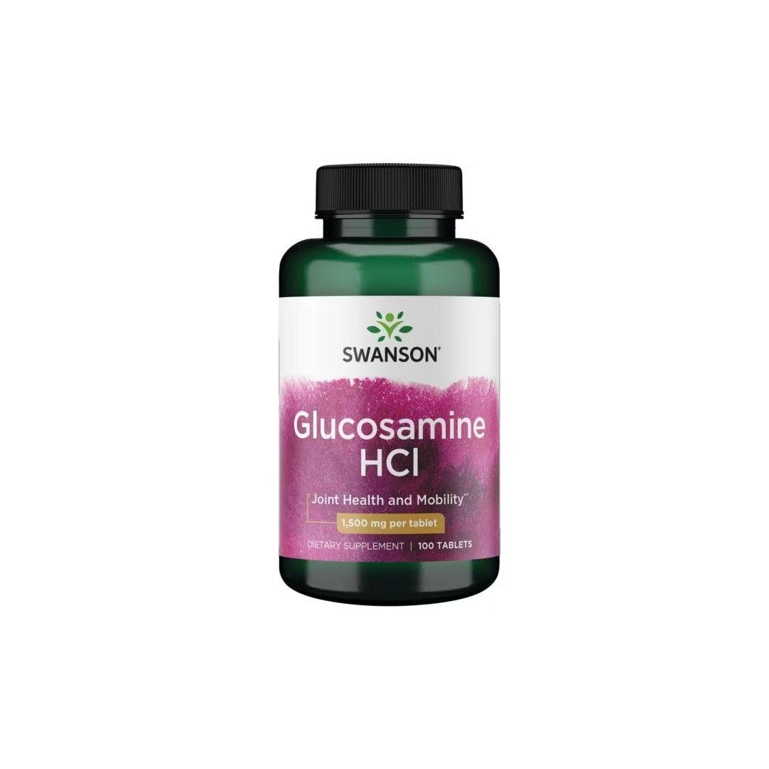A bottle of Swanson Glucosamine HCI 1500 mg 100 Tablets dietary supplement with 100 tablets, each providing 1500 mg for joint support and cartilage regeneration.