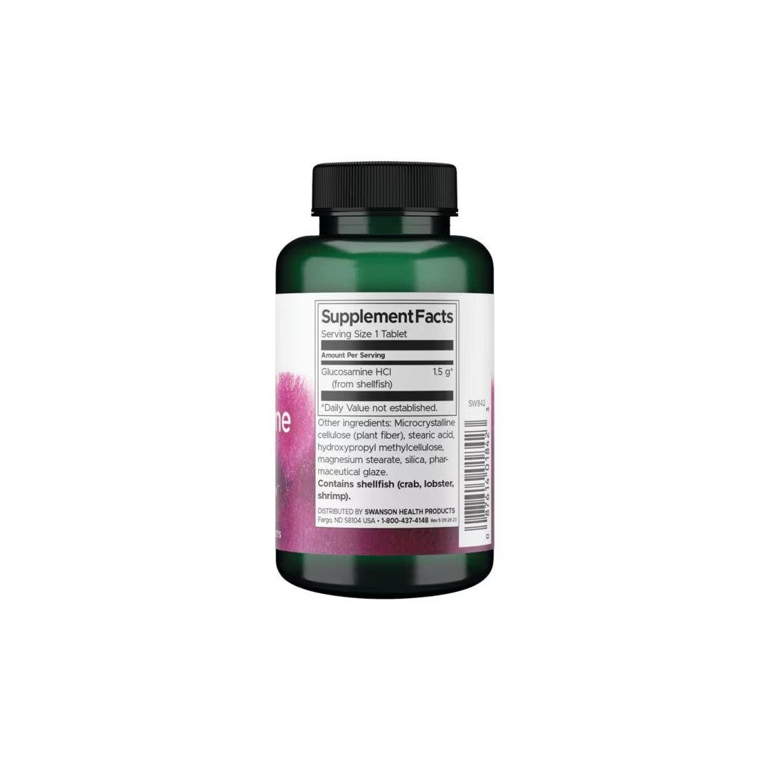 A dark green bottle labeled "Glucosamine HCI 1500 mg 100 Tablets" with supplement facts detailing the serving size, ingredients, and a note indicating that it supports joint health and cartilage regeneration. It also specifies that it contains shellfish. The product is by Swanson.