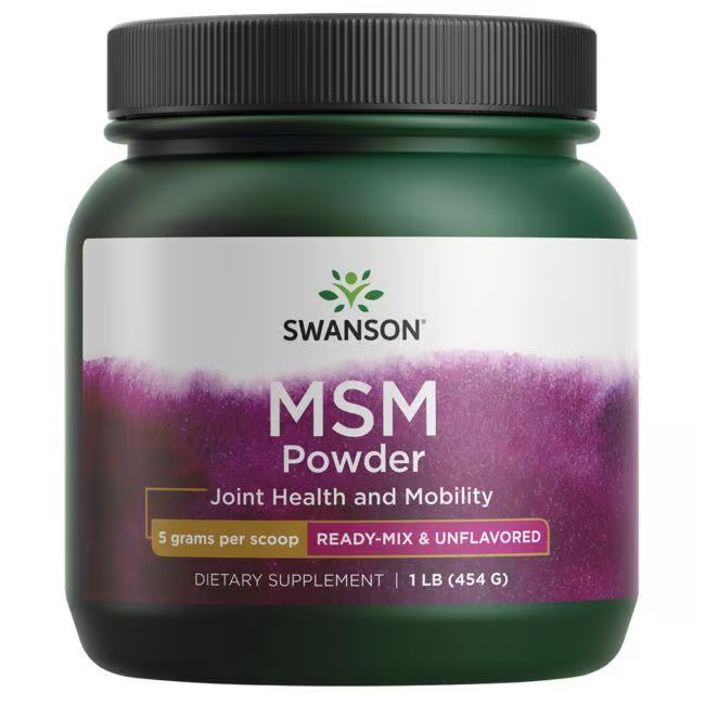 Swanson MSM Powder in a green container supports joint health and mobility with collagen, is "Ready-Mix & Unflavored," weighs 454 g (1 lb), and provides 5 grams per scoop.