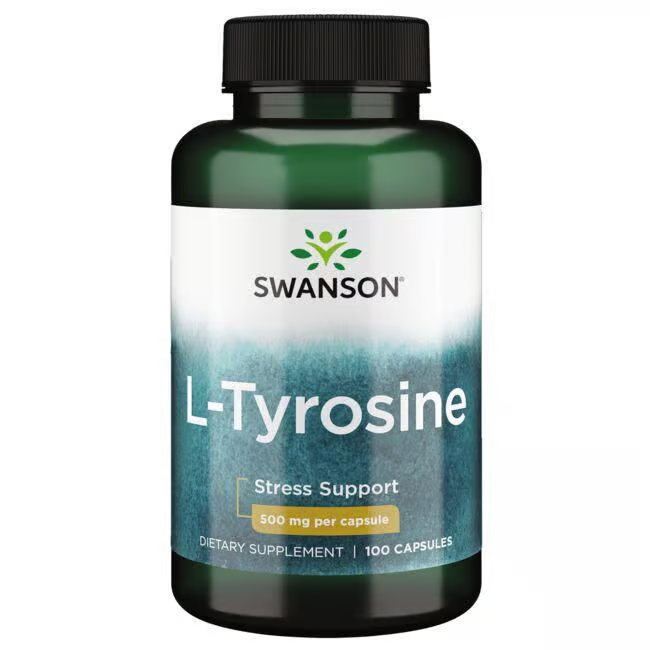 Swanson's L-Tyrosine 500 mg dietary supplement, labeled for stress support, includes 100 capsules. This essential amino acid aids in dopamine production, promoting mental well-being.