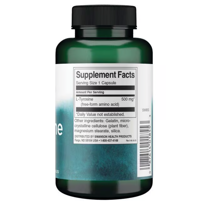 Swanson's L-Tyrosine supplement comes in a green bottle and contains 100 capsules, each with 500 mg of L-Tyrosine to support dopamine production. The label features supplement facts, and other ingredients include gelatin and magnesium stearate.