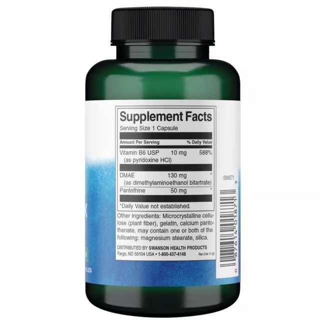 A Swanson DMAE Complex supplement bottle, featuring white and blue accents, displays a label with supplement facts, including Vitamin B6, Pantethine, and DMAE. The green bottle details ingredients and serving size prominently.