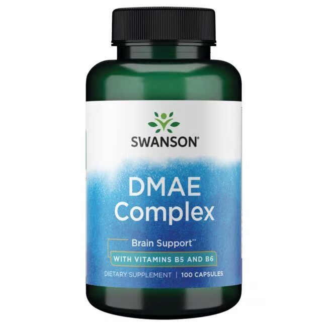 A bottle labeled "DMAE Complex with Vitamins B5 and B6" by Swanson contains 100 capsules, offering brain support with DMAE, Pantethine, and essential vitamins B5 and B6 to enhance cognitive function.