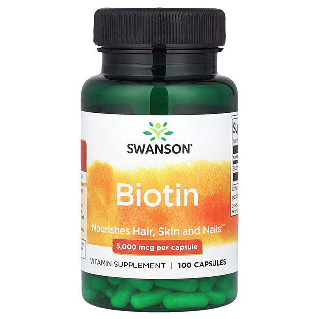 Swanson Biotin 5000 mcg 100 Capsules: green bottle, vitamin B7 for hair, skin, and nails.