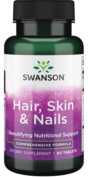 A bottle of Swanson Hair, Skin & Nails - 60 tabs.