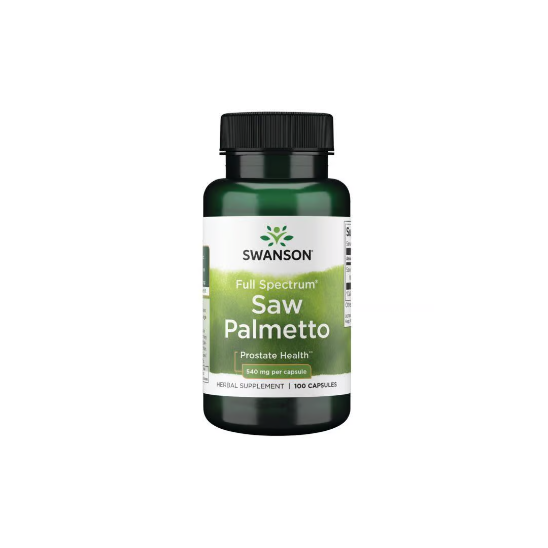 A green bottle labeled "Swanson Full Spectrum Saw Palmetto" offers prostate health benefits with 540 mg per capsule and includes 100 capsules.