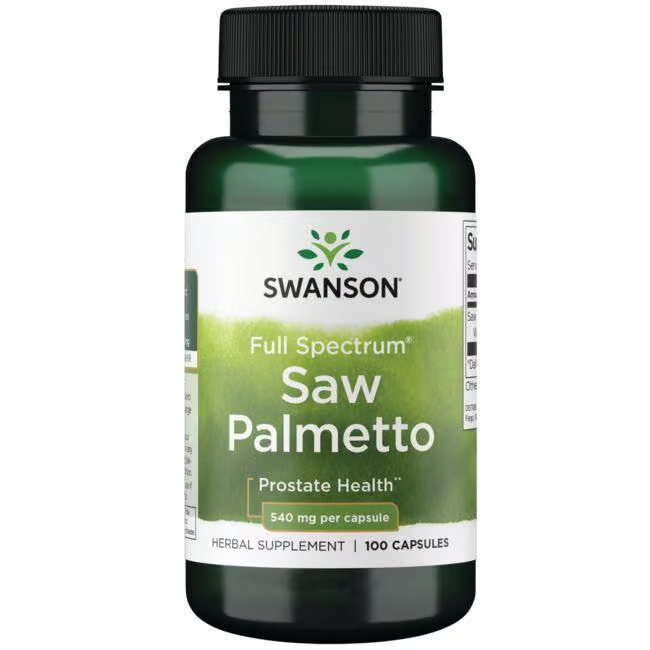 Swanson's Full Spectrum Saw Palmetto, known for supporting prostate health and DHT regulation, offers 100 capsules with 540 mg each.