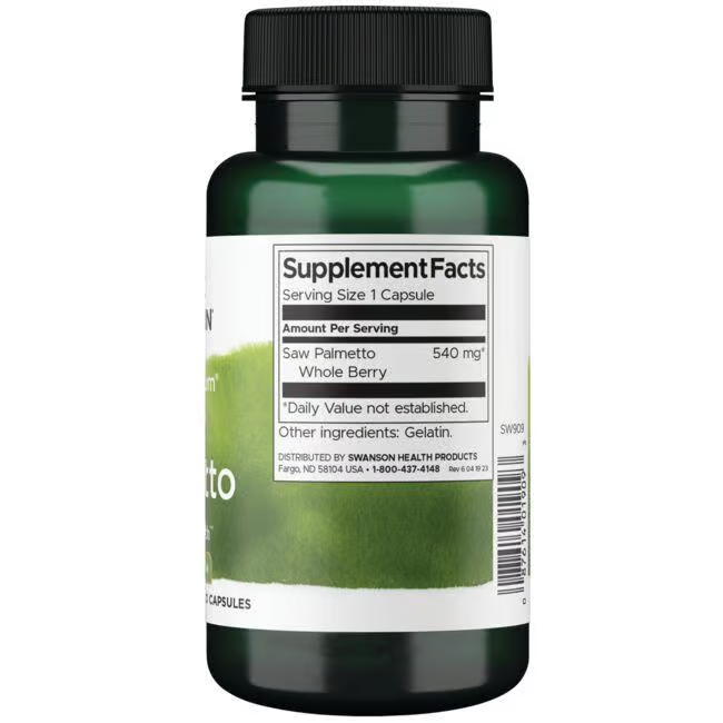 A green bottle of Swanson's Full Spectrum Saw Palmetto 540 mg, containing saw palmetto whole berry and gelatin, supports prostate health by managing DHT levels.