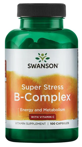 A bottle of Swanson B-Complex with Vitamin C - 500 mg 100 capsules.
