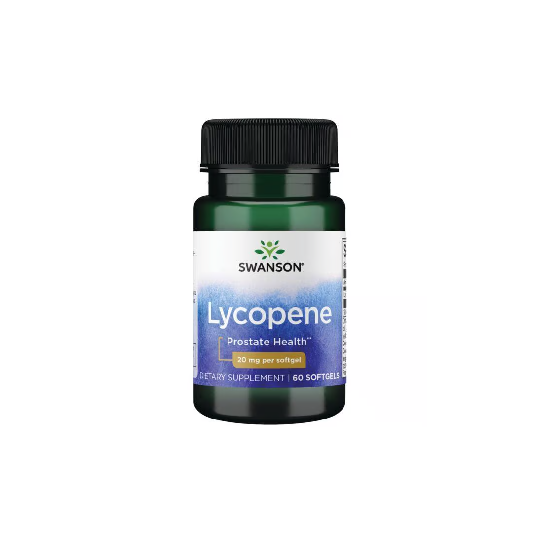 Swanson's Lycopene 20 mg, labeled for prostate health and known for its antioxidant properties, comes in a bottle with 60 softgels.