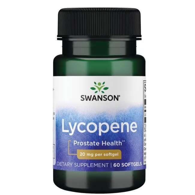 A 60-softgel bottle of Swanson brand "Lycopene 20 mg" is known for its antioxidant benefits and labeled for prostate health.