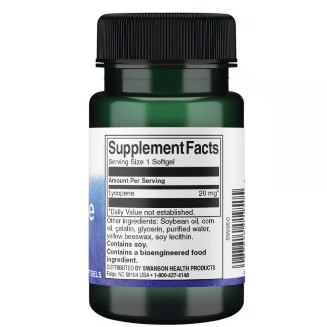 A green Swanson bottle labeled "Supplement Facts" displays Lycopene 20mg per serving to support prostate health, containing soy and bioengineered ingredients. Product: Lycopene 20 mg 60 Softgels.