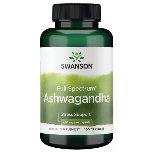 Swanson's Ashwagandha 450 mg, with roots in Ayurvedic medicine, provides stress support in each of its 100 capsules.