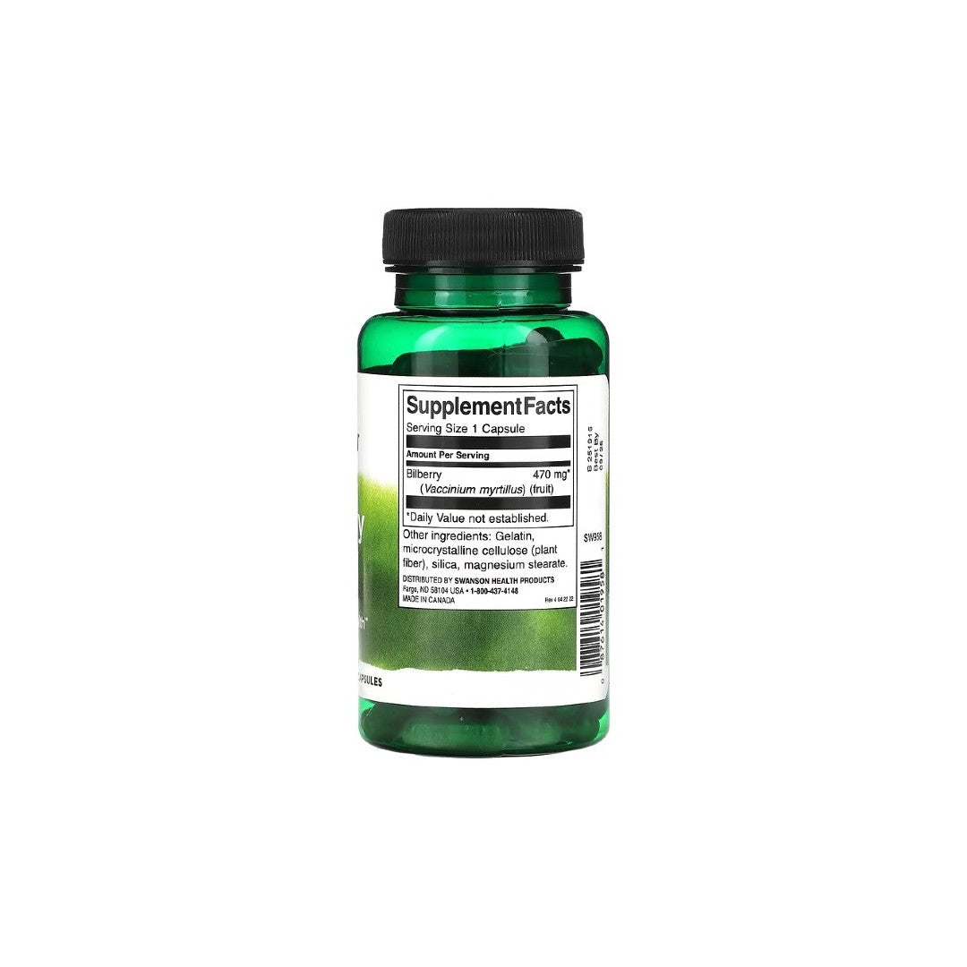 A green bottle with a black cap containing Swanson's Bilberry Fruit 470 mg supplement in 100 capsules. The label highlights key ingredients, including bilberry, known for its antioxidants that support heart health. Serving size and other information are also displayed.