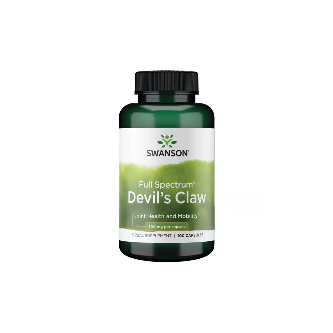 A bottle of Swanson's Devil's Claw contains 100 capsules, each with 500 mg. The green label highlights "Full Spectrum" and its roots in traditional African medicine, promoting joint health and mobility.