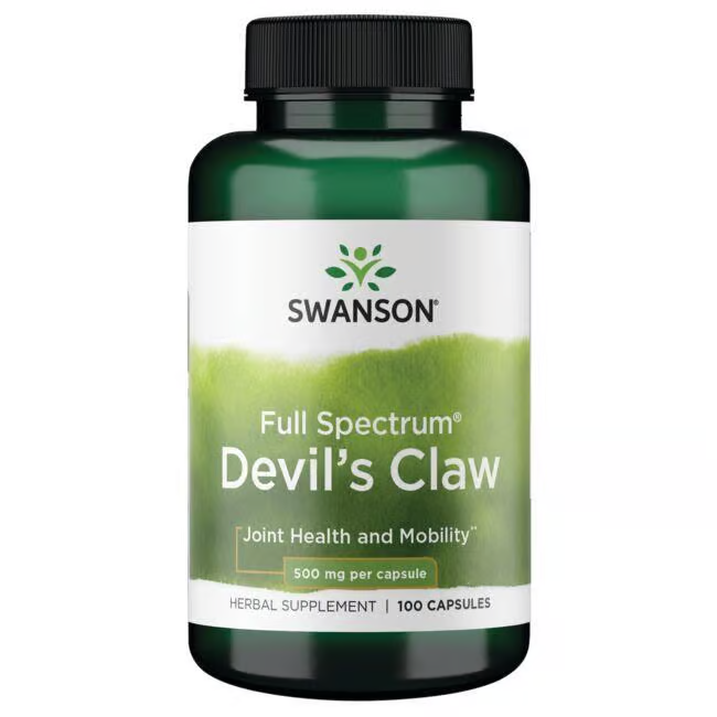 Swanson's Devil's Claw, 500 mg capsules for joint health and mobility, comes in a green bottle with 100 capsules inspired by traditional African medicine.