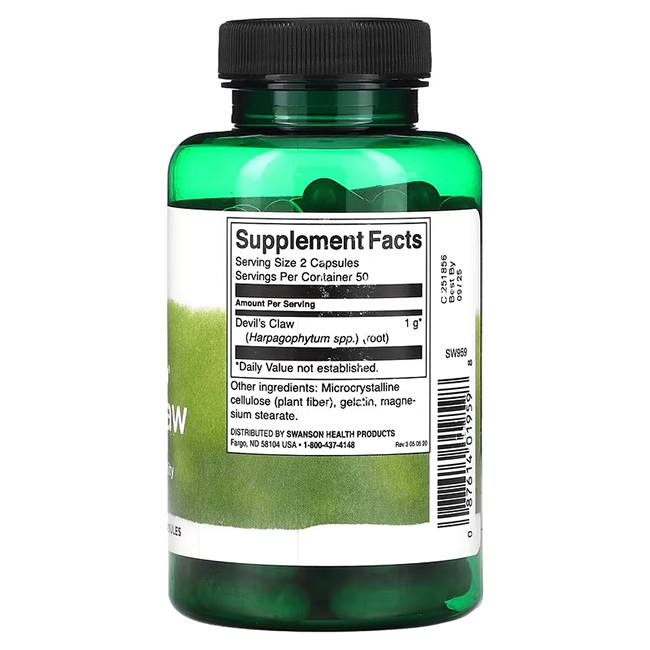 Swanson's Devil's Claw 500 mg capsules, packaged in a green bottle with a clear ingredients and supplement facts label, are rooted in traditional African medicine and are reputed for supporting joint health.