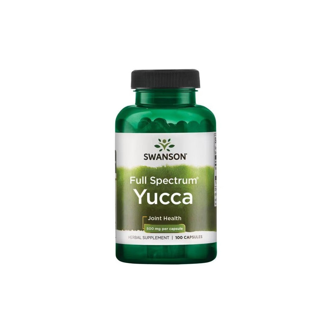 A green bottle labeled "Swanson Full Spectrum Yucca, Joint Health Support, 500 mg per capsule, 100 capsules," known for its antioxidant properties.