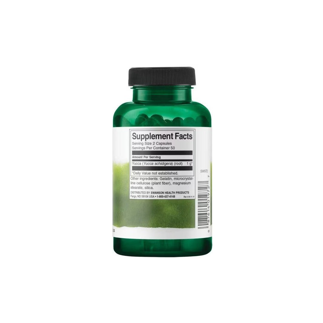 A green bottle with a white label displaying "Supplement Facts" and other product information, highlighting the antioxidant properties of Swanson Full Spectrum Yucca 500 mg 100 Capsules.