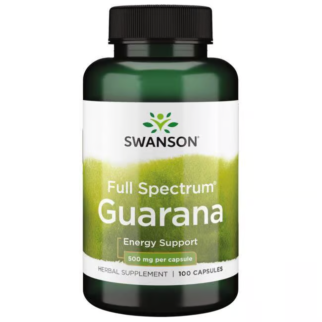 A bottle of Swanson Full Spectrum Guarana contains 100 capsules, each with 500 mg to support and enhance energy production.