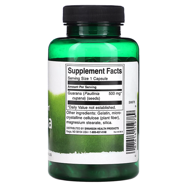 The Swanson Full Spectrum Guarana 500 mg capsules come in a green bottle with a black cap. Known for supporting energy, each capsule contains 500 mg and is enhanced with caffeine. The label details supplement facts and other ingredients.