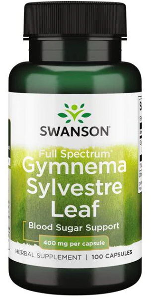 A bottle of Swanson Gymnema Sylvestre Leaf - 400 mg 100 capsules.
