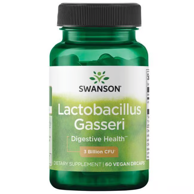 Swanson's Lactobacillus Gasseri offers 3 billion CFU per serving, designed for digestive health in 60 veggie DRCapsules.