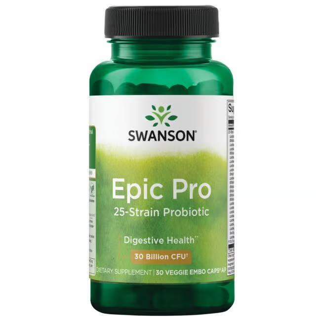 Swanson's Epic Pro 25-Strain Probiotic features "Digestive Health" and "30 Billion CFU." This green bottle contains 30 veggie embo capsules, offering strong digestive support with its blend of 25 bacterial strains.