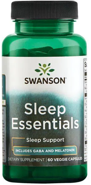 Swanson Sleep Essentials Includes GABA and Melatonin - 60 vege capsules, a dietary supplement known for its sleep support properties, contains the essential ingredient melatonin.