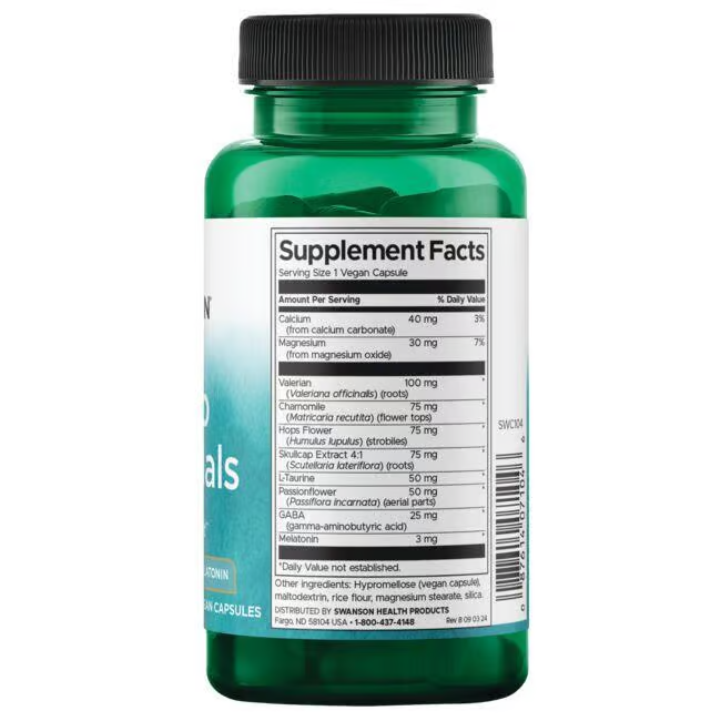 Swanson's Sleep Essentials, in a green bottle of 60 veggie capsules, features supplement facts and key ingredients like calcium, valerian, passionflower, and GABA for sleep support. It provides daily values and detailed product information to help you understand the benefits.