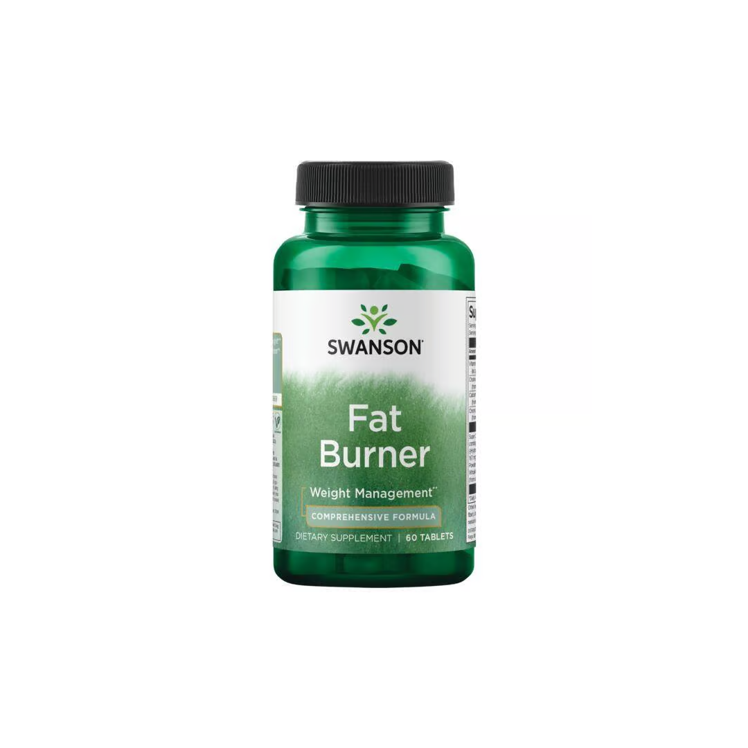 Swanson's "Fat Burner 60 Tablets" comes in a green bottle and is designed for weight management. It features Garcinia cambogia, rich in hydroxycitric acid (HCA), and apple cider vinegar powder.