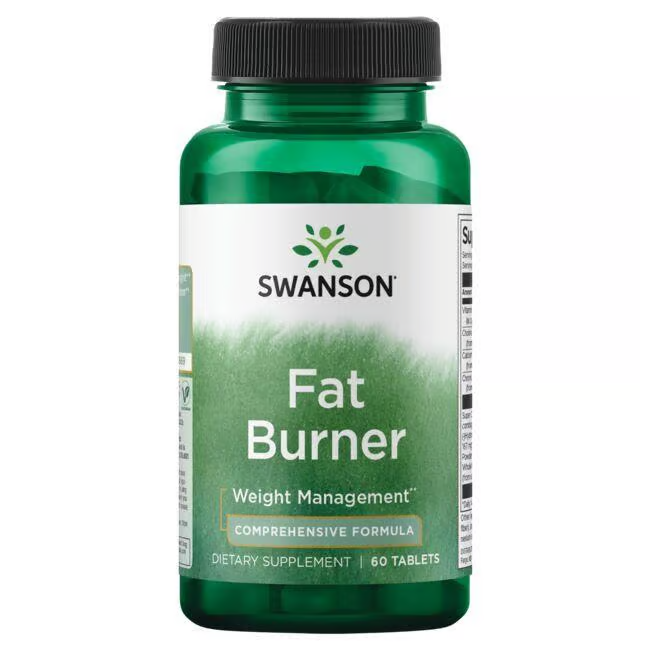 Green bottle labeled "Fat burner 60 Tablets" by Swanson contains Garcinia cambogia, with text: "Weight Management, Comprehensive Formula, Dietary Supplement.