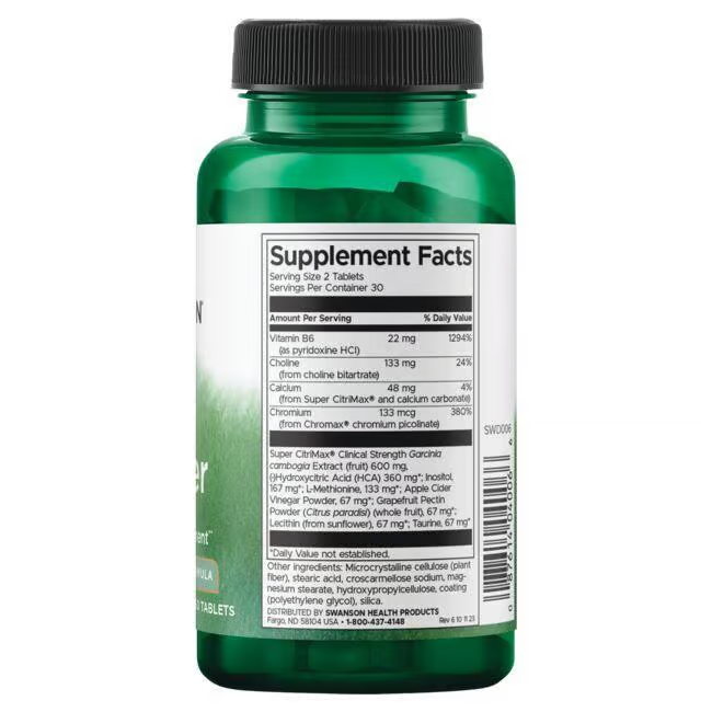 The Swanson Fat Burner 60 Tablets bottle features a green label detailing essential facts like serving size, vitamins, and ingredients such as chromium, green tea extract, and Garcinia cambogia enriched with hydroxycitric acid (HCA).