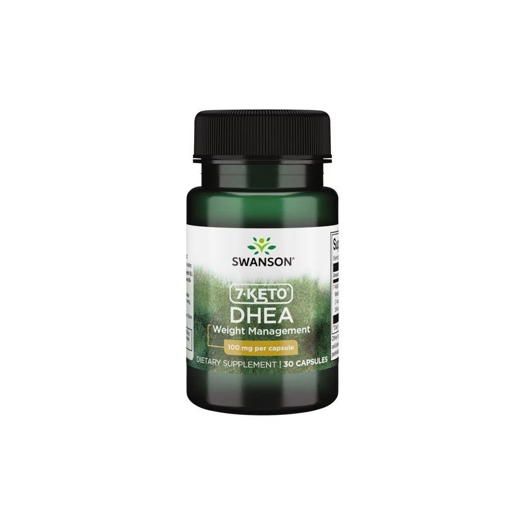 Bottle of Swanson 7-Keto DHEA 100 mg 30 Capsules dietary supplement designed for weight management and boosting energy levels, containing 100 mg per capsule with a total of 30 capsules.