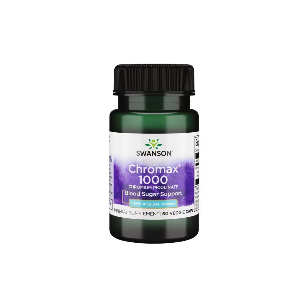 Swanson Chromium Picolinate Chromax 1000 mcg 60 Veggie Capsules supplements labeled for healthy body weight and glucose metabolism support.