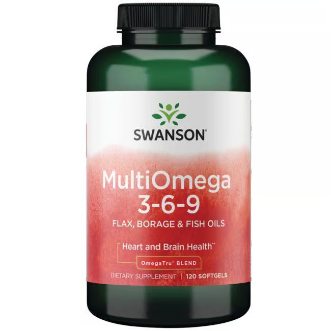 Swanson MultiOmega 3-6-9 (Flax, Borage & Fish), 120 softgels, provides essential fatty acids to support heart and brain health.