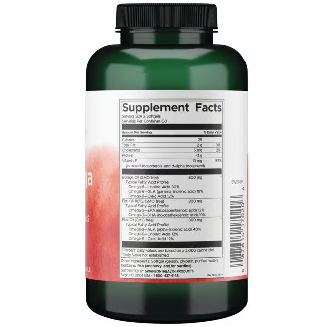 A green bottle of Swanson MultiOmega 3-6-9 (Flax, Borage & Fish) 120 Softgels features a "Supplement Facts" label in black text with nutrient amounts and ingredients, including omega 3-6-9 from fish oil and borage oil.