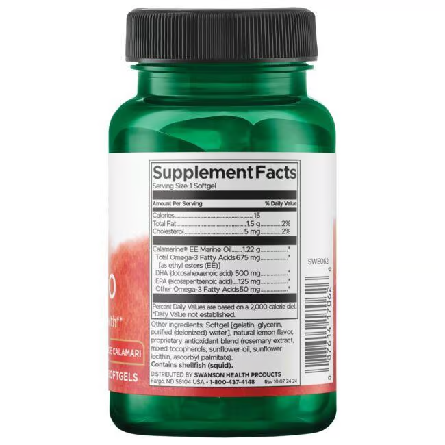 A green bottle of Swanson Super DHA 500, containing purified calamari oil and omega-3s for optimal health benefits. It features a "Supplement Facts" label and is topped with a white cap. Contains 30 softgels.