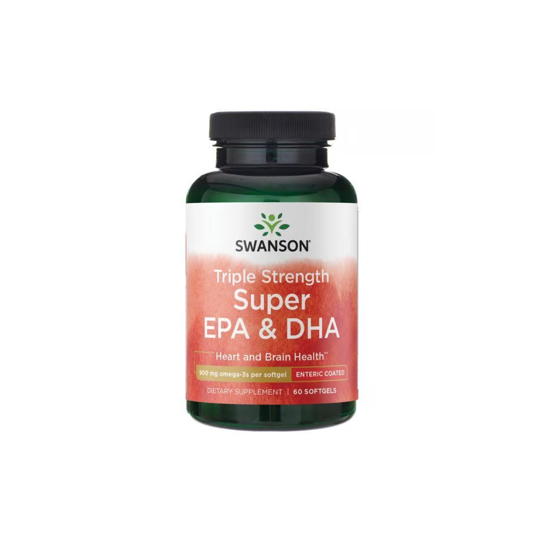 Swanson Triple Strength Super EPA & DHA 60 Softgels is an omega-3 supplement designed to support brain and heart health.