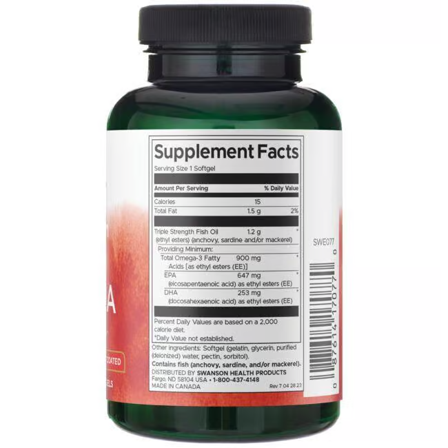 A bottle of Swanson Triple Strength Super EPA & DHA 60 Softgels features a label with supplement facts for omega-3 fish oil, EPA and DHA to support brain and heart health, plus company contact information.