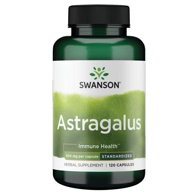 A green bottle labeled "Swanson Astragalus - Standardized 500 mg 120 Capsules, with antioxidant properties for immune system support, Herbal Supplement.