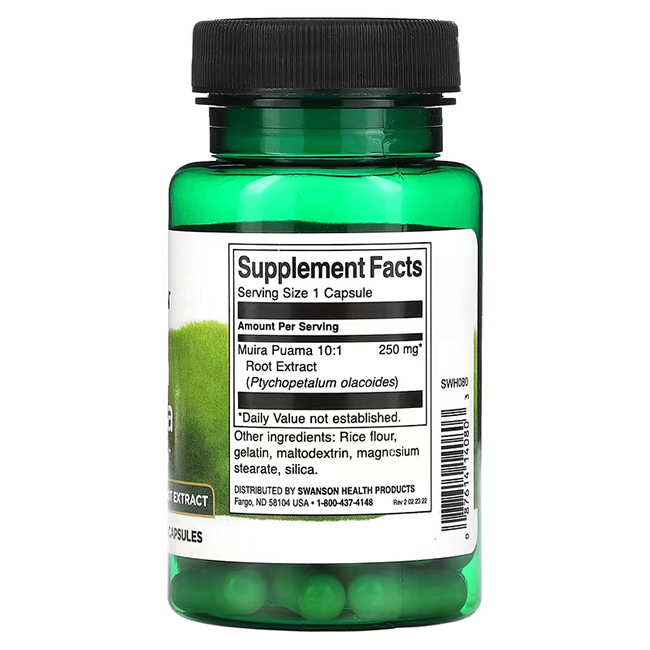 A bottle labeled "Supplement Facts" features Swanson's Muira Puama - 10:1 Root Extract, known for aphrodisiac benefits and sexual health support. It contains 60 capsules with 250 mg each, plus rice flour and gelatin.