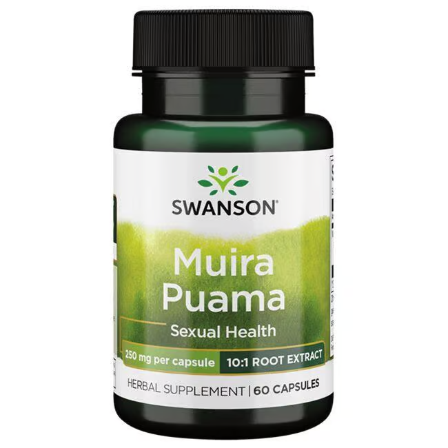 The Swanson Muira Puama - 10:1 Root Extract supplement is known for supporting sexual health with 250 mg per capsule, enhancing its reputation as an aphrodisiac. Each bottle contains 60 capsules.