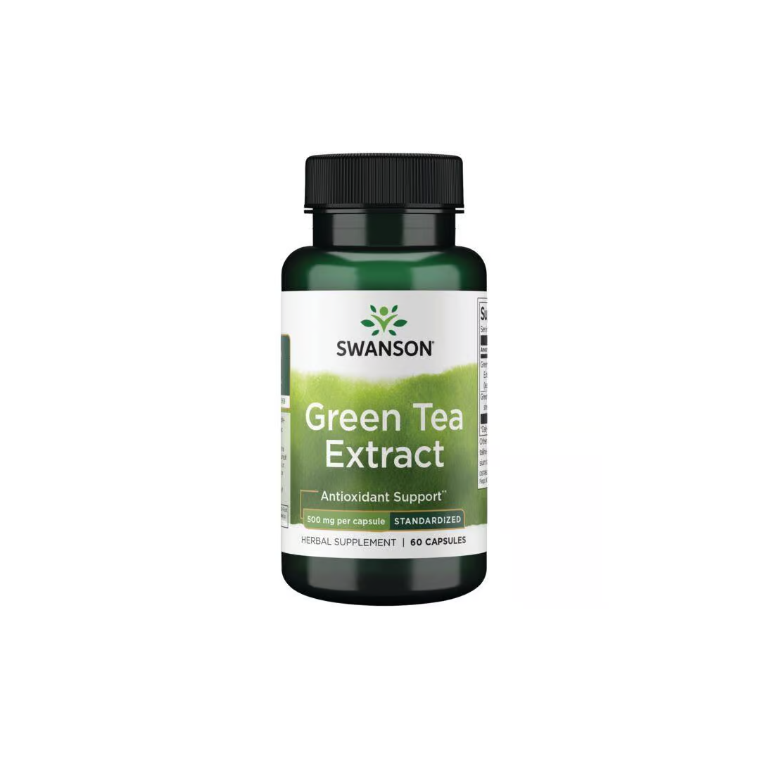 Unlock antioxidant benefits with Swanson's Green Tea Extract 500 mg. The bottle contains 60 capsules, rich in polyphenols for superior support.